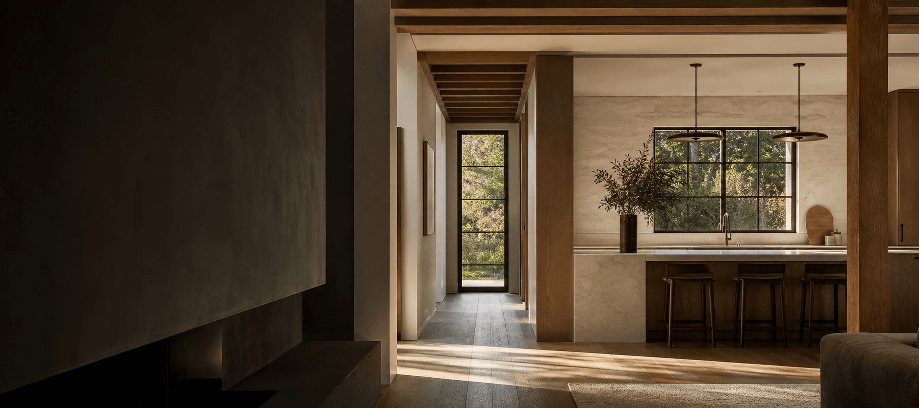 Warm, precisely detailed kitchen interior